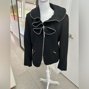 Lafayette 148 New York Jacket Black Zipper Trim cotton Wool sz 10 Hillary ruffle